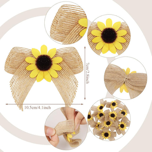 Syhood 12 Pieces Sunflower Burlap Bow 3 Inch, Summer Artificial Handmade Wreath Bow for Crafts Home Decoration