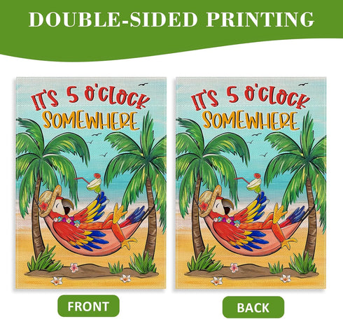 Welcome Summer Parrot Bird Decorative House Flag, It's 5 O'clock Somewhere Beach Coastal Tropical Palm Tree Garden Yard