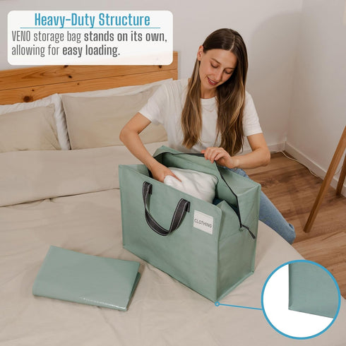 VENO 4 Pack Storage Moving Bags, Organizer Bag, Storage Tote, Zipper On Top, Sturdy, Carrying Bag, Camping Bag for Clothes, Bedding, Comforters, Pillows (13 Gallon Light Green, 4 Pack) by VENO