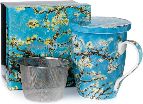 McIntosh Mugs Van Gogh Almond Blossom Fine Bone China Tea Mug with Lid and Infuser (15 oz)