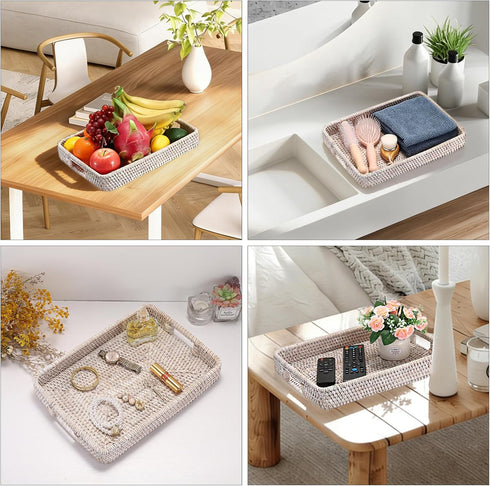 Hipiwe Rattan Serving Tray with Handles Handwoven Basket Tray for Storage Breakfast Dessert Fruit Decorative Tray