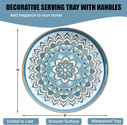 13 Round Cyan Decorative Tray for Coffee Table, Ottoman, Plastic Serving Platter Tray with Handles for Entertaining