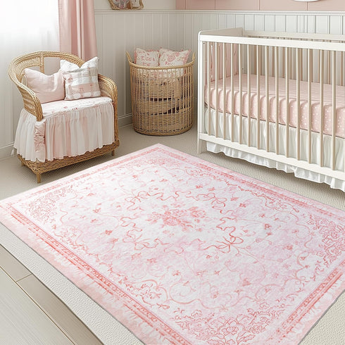 REBBORUG 4x6 Pink Rug for Office Under Desk Rolling Chairs - Small Classroom Rug Reading Corner,Washable Bow Floral