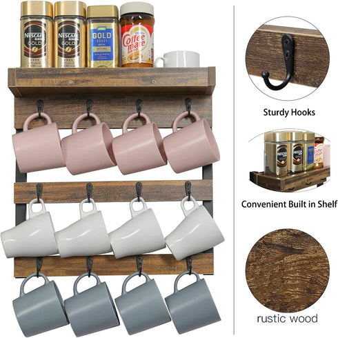 12 OROPY Coffee Mug Rack Wall Mounted, Rustic Wood Cups Rack with Hooks and Storage Shelf, for Home Kitchen Display