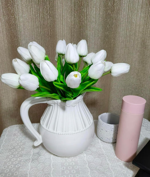 Artificial Tulips 10 Heads Mini Real Touch Flowers, Fake Tulip for Home Decor, Wedding Party DIY Bouquet (White)