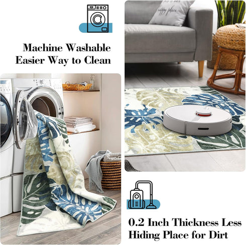 2x3 Wonnitar Kitchen Sink Rug, Machine Washable Blue Bathroom Leaf Rugs, Monstera Coastal Non-Skid Bedside Accent Mat