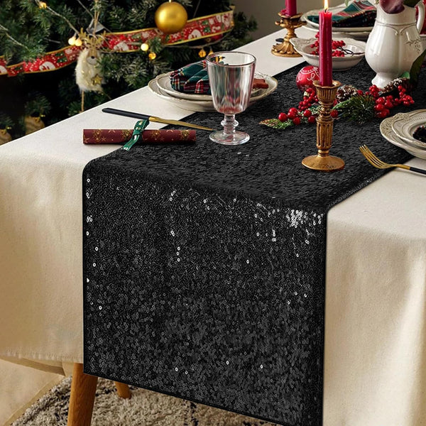 Black Sequin Table Runners, 4 Pack Glitter Table Runner for Parties, Weddings, Halloween, 12''x 72''