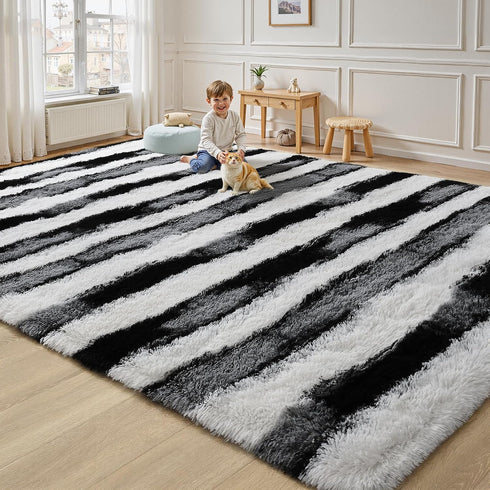5x7 Black and White Fluffy Soft Plush Striped Area Rugs for Bedroom, Indoor Non Slip Washable Rug for Living Room