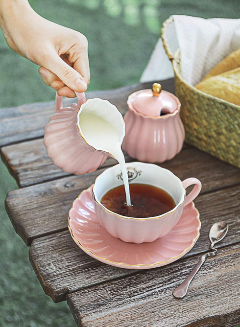 Set, Set 6 (8 oz)- Amazingware Royal Tea Cups and Saucers, with Gold Trim and Gift Box, British Coffee Cups, Porcelain