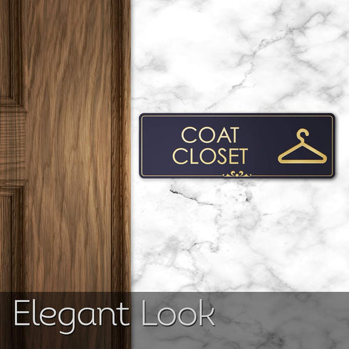 Coat Closet Sign, Black/Gold Engraved Door Accessories, 3" x 9", Fade Resistant, Indoor/Outdoor Use, USA MADE