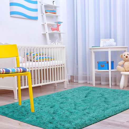 Terrug Blue Fluffy Area Rug for Bedroom, 3x5 Ft Tie-Dyed Shag Throw Rugs with Non Slip Backing for Kids Room