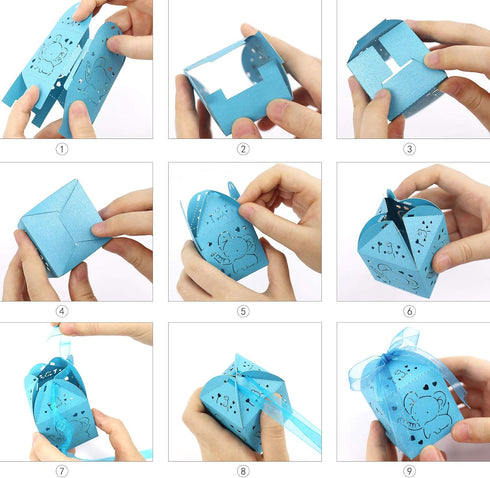 Kslong Blue Baby Shower Favor Boxes - 50Pcs Elephant Favor Boxes for Baby Boy with Ribbon for Party Decorations