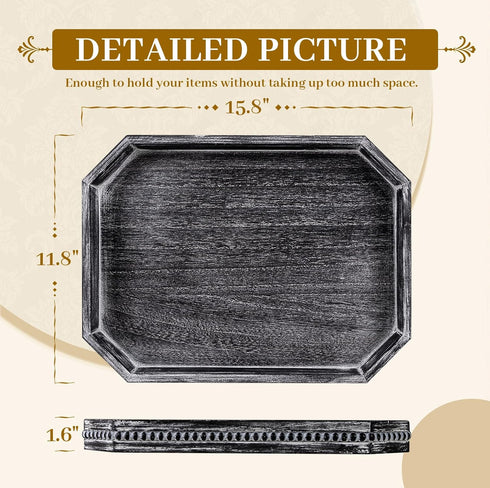 15.7" 10.2" 1.6" MAONAME Wood Serving Tray, Farmhouse Wooden Tray for Coffee Table, Octagonal Beaded Trays, Vintage
