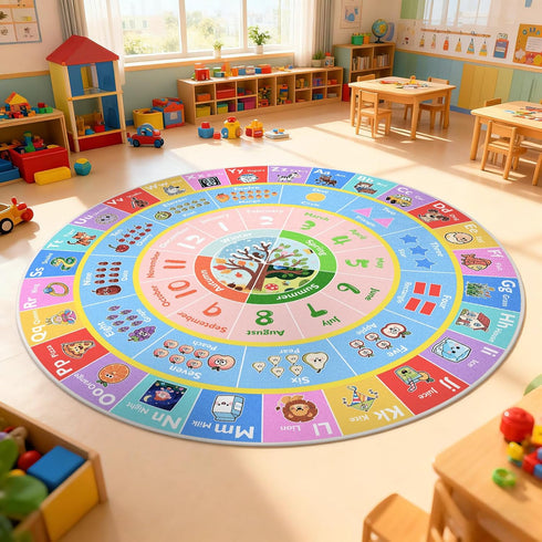 5ft ABC Round Kids Rug for Playroom, Alphabet Small Classroom Rug, Educational Kids Play Mat With Number Shape Animal
