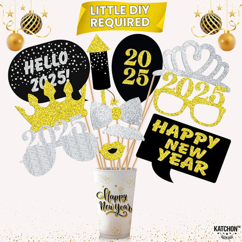 New Years Photo Booth Props, Pack of 20, Real Glitter, New Years Eve Party Supplies 2019