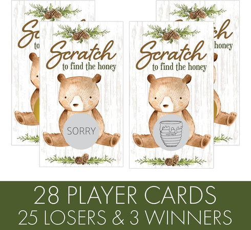 DISTINCTIVS Woodland Teddy Bear Baby Shower Scratch Off Party Game - 28 Cards for Gender Reveal Activity
