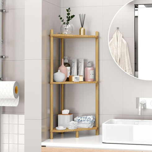 Wisuce Essentials 3 (Natural3 Corner Shelf Stand - Tier Bamboo Small Corner Bookshelf for Office Kitchen Bedroom Plant