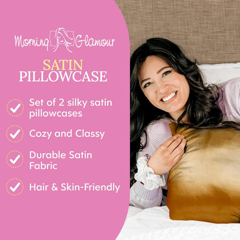 Morning Glamour Satin Pillowcases for Hair & Skin, Standard/Queen Size Set of 2, Gold, 20”x26”
