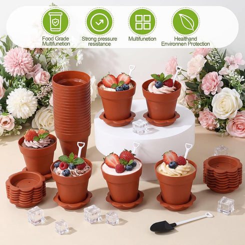 24 Pack Patelai Flower Pot Dessert Cups with Shovel Spoons Plastic Cake Desserts Cups for Farmers Market Construction