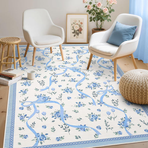 3x5 GarveeHome Floral Bow Rugs for Bedroom Girls, Rug for Living Room with Soft Low Pile, Blue and White Washable Area