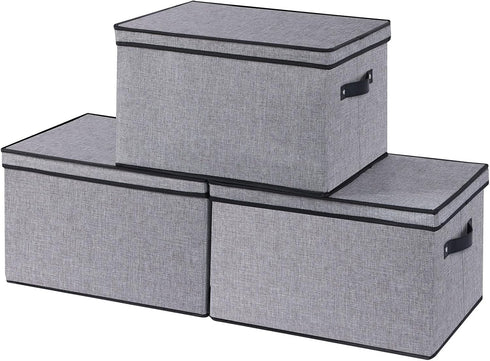 Fabric Storage Boxes, Medium Gray, 3 Pack, 15 x 9.8 x 8.3 Inch Baskets with Lids, Handles, Decorative Linen Organizers