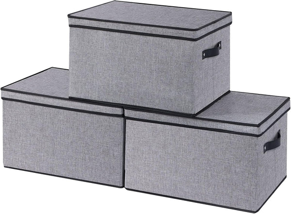 Fabric Storage Boxes, Medium Gray, 3 Pack, 15 x 9.8 x 8.3 Inch Baskets with Lids, Handles, Decorative Linen Organizers