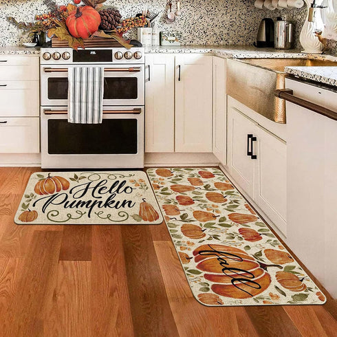 Baccessor Pumpkin Fall Kitchen Mats Set of 2, Pumpkins Floral Non Slip Absorbent Thanksgiving Fall Decor 17x29 17x47