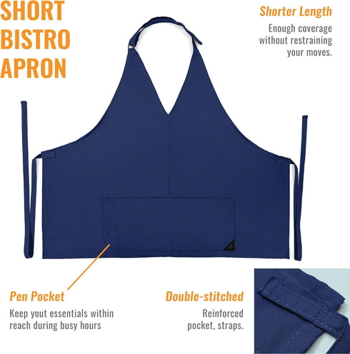 Under NY Sky V Neck Short Apron - Unisex Bib, Tuxedo Style - Lightweight, Front Slit, Hip Pockets - Adjustable