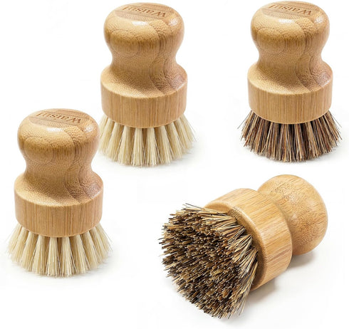 Waisul Bamboo Dish Brush Set, 4 Pack, Plastic-Free (2 Medium Sisal, 2 Firm