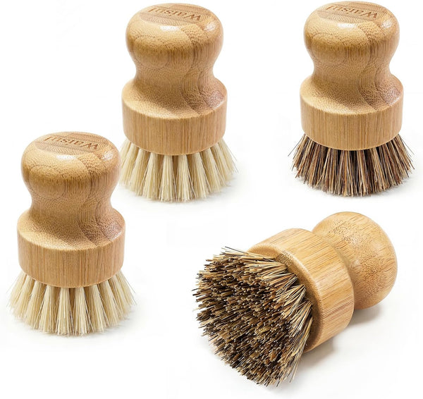 Waisul Bamboo Dish Brush Set, 4 Pack, Plastic-Free (2 Medium Sisal, 2 Firm