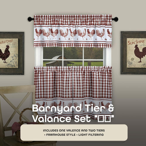 Light Filtering Printed Tier & Valance Window Curtain Set - 58 Inch Length, 36 Inch Width - Barnyard (Burgundy),
