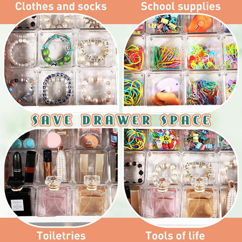 Tioncy 8 Pcs Clear Drawer Organizers 3" x 3" x 2" Stackable Small Makeup Vanity Storage Bins Small Desk Drawer Organization Clear Container Dividers for Makeup Vanity Office Bathroom Kitchen Utensil by Tioncy