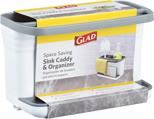 Glad Kitchen Sink Organizer Caddy, 2 Compartments for Sponge, Soap, and Dish Cloth with Drain Holes