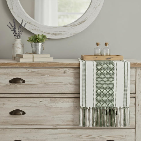 14 90 Inches, Boho Dining Table Runner with Tassels x Olive Green & Cream | Woven Washable Dresser Scarf for Bedroom |