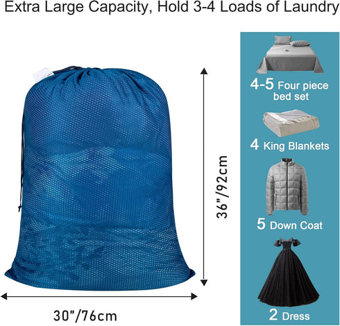 Extra Large Heavy Duty Mesh Laundry Bags with ID Tag, Locking Drawstring Closure - 2 Pack, 30 x 36 inches, Washable for