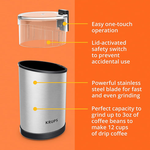 Krups Fast-Touch Coffee Grinder, 3oz Bean Hopper, One Touch Operation, 200 Watts, Espresso and Spice Grinder, Silver