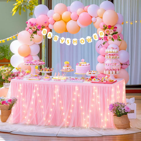 14FT Pink Tulle Table Skirt for Rectangle or Round Tables Ruffle Tulle Tutu Cloth Desk Table Skirt with LED Lights