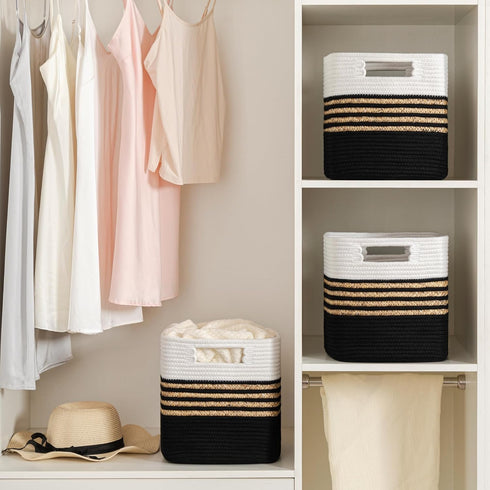 UBBCARE Set of 3 Black Water Hyacinth Storage Cubes, 11 x 10.5 x 10.5 in, Woven Baskets with Handles