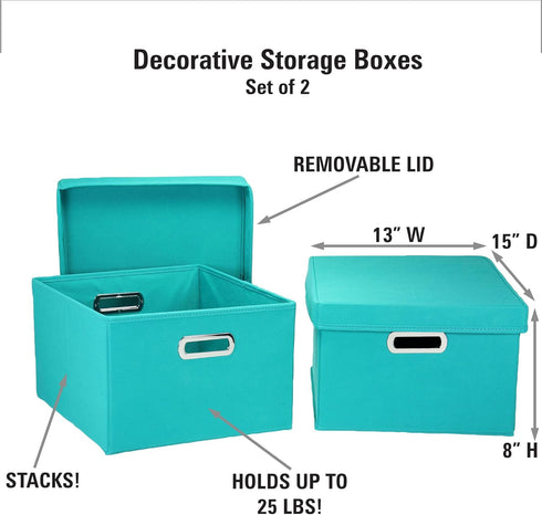 Household Essentials Fabric Storage Boxes, Aqua, with Lids and Handles