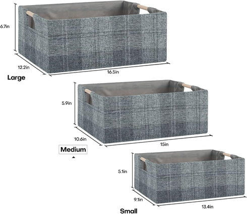 Collapsible Fabric Storage Bin Box - Cotton Linen Storage Cube with Wooden Handles, Medium Dark Gray Plaid Organizer