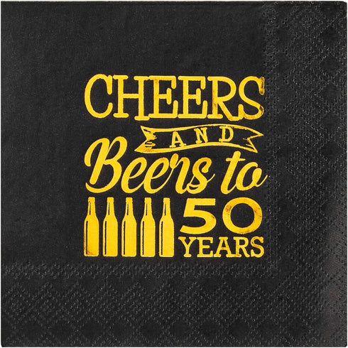 Crisky Cheers to 50 Years - 50th Birthday Napkins, Black and Gold, 50 PCS, 3-Ply