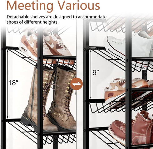 6 6-12 Closet Tier Rotating Shoe Rack Tower with Wheels, Wooden Shoe Storage Organizer with Hooks, Sturdy Metal Narrow