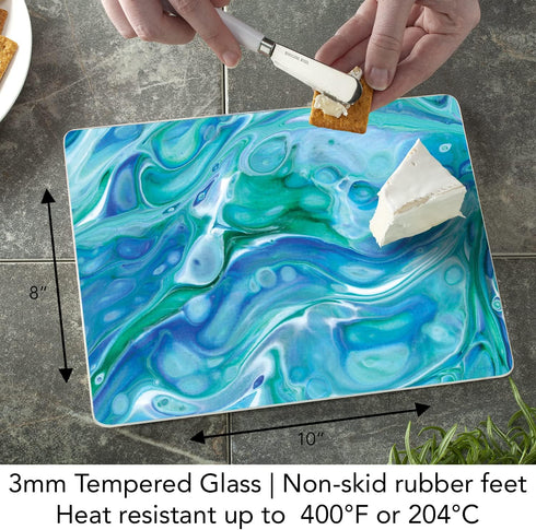 CounterArt Ocean Vibe 3mm Heat Tolerant Tempered Glass Cutting Board 10” x 8” - Dishwasher Safe