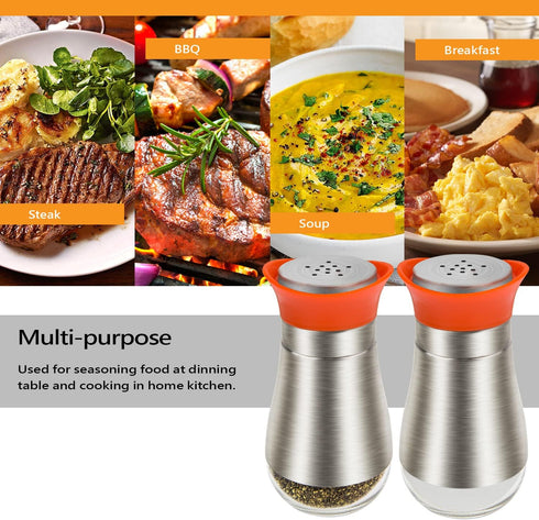 Evelyne Salt Pepper Shaker Set, 2 pcs Pack, Glass with Stainless Steel Cover (Orange)