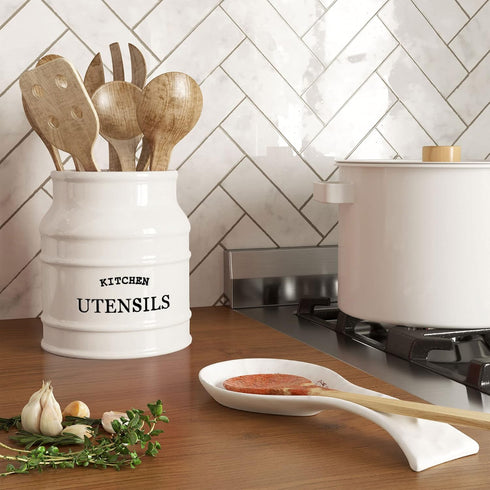 Barnyard Designs Ceramic Farmhouse Utensil Holder for Kitchen Counter, Large Rustic Utensil Crock, 6.75” (White)