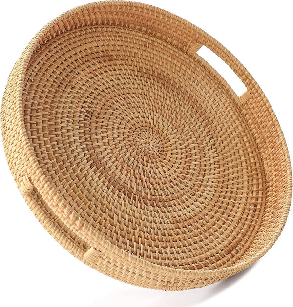 HITOMEN 11.8'' Hand-Woven Round Rattan Serving Tray Natural-M Decorative Wicker Trays with Handles for Coffee Table
