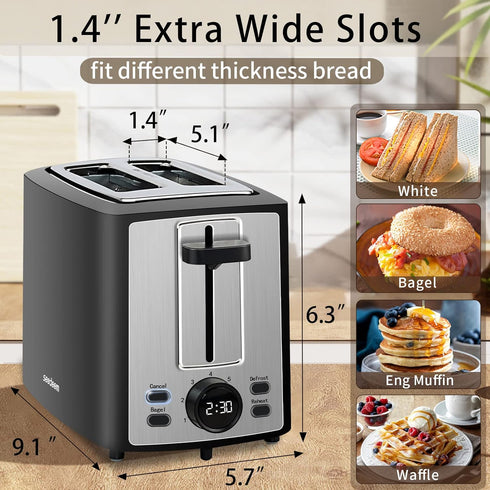 SEEDEEM 2 Slice Toaster with LCD Display - 7 Shade Settings, Extra Wide Slots, Removable Crumb Tray, Carbon Black