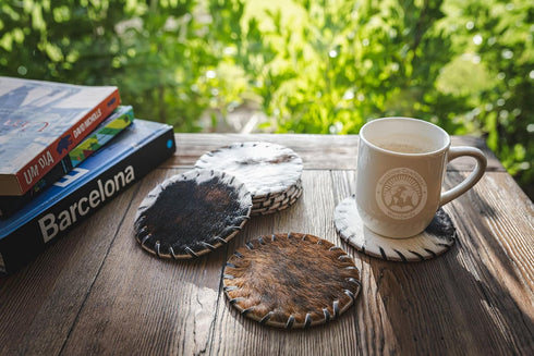 4.5" Set 8 Sunshine Cowhides Natural Cowhide Coaster - Round Assorted Tones Genuine Leather Coasters for Coffee Table