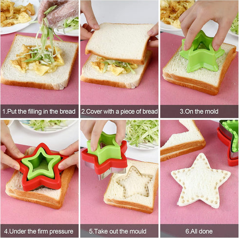 Sandwich Cutter and Sealer, Round Heart Star 3Pcs Shapes Decruster Press Mold + 8pcs Mini Vegetable Cookie Cutters