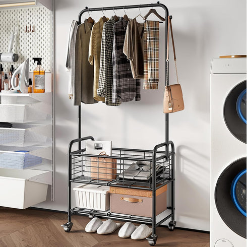 Black Rolling Laundry Hamper with Wheels, Laundry Basket Sorter Cart, Shelf Hanging Rack